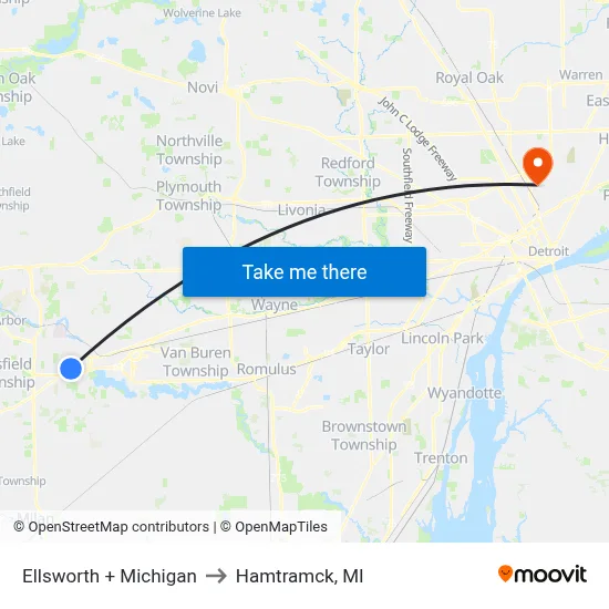 Ellsworth  + Michigan to Hamtramck, MI map