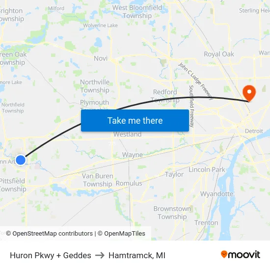 Huron Pkwy + Geddes to Hamtramck, MI map