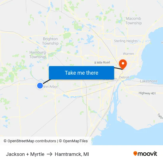 Jackson + Myrtle to Hamtramck, MI map