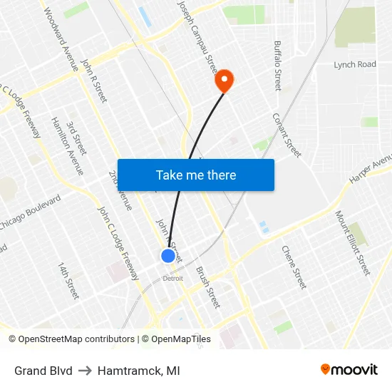 Grand Blvd to Hamtramck, MI map