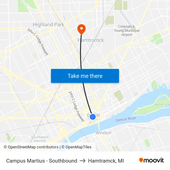 Campus Martius - Southbound to Hamtramck, MI map