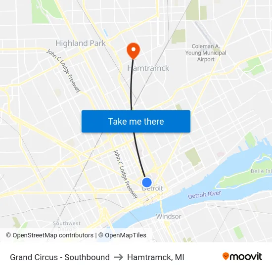 Grand Circus - Southbound to Hamtramck, MI map