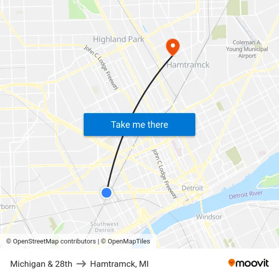 Michigan & 28th to Hamtramck, MI map