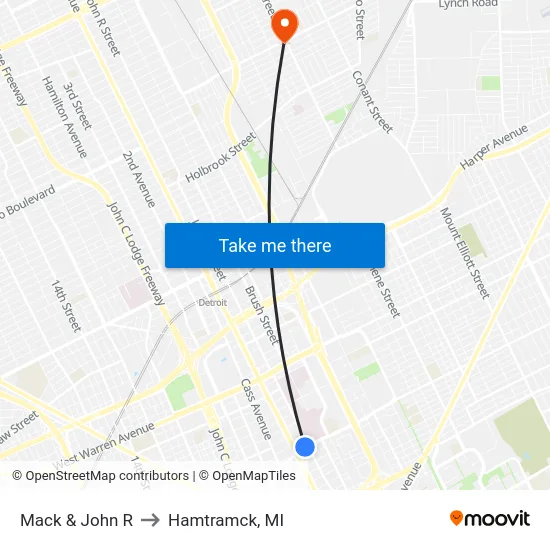 Mack & John R to Hamtramck, MI map