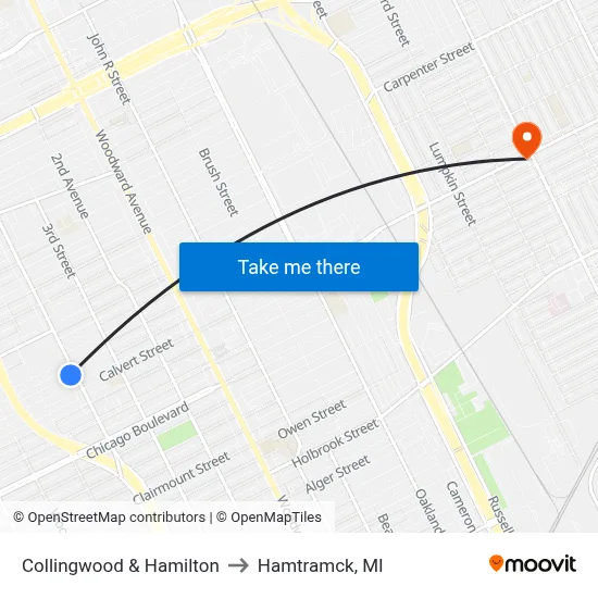 Collingwood & Hamilton to Hamtramck, MI map