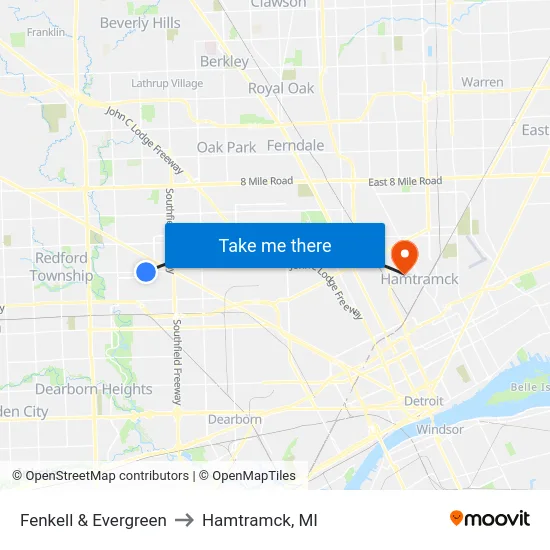 Fenkell & Evergreen to Hamtramck, MI map