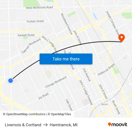 Livernois & Cortland to Hamtramck, MI map