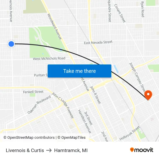 Livernois & Curtis to Hamtramck, MI map