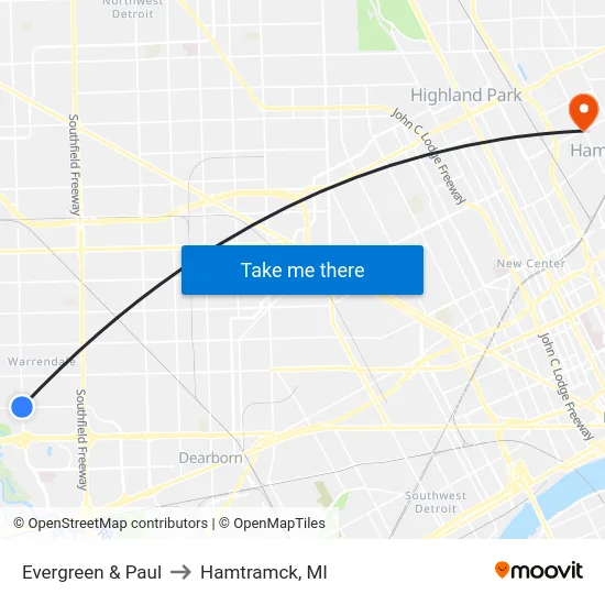 Evergreen & Paul to Hamtramck, MI map