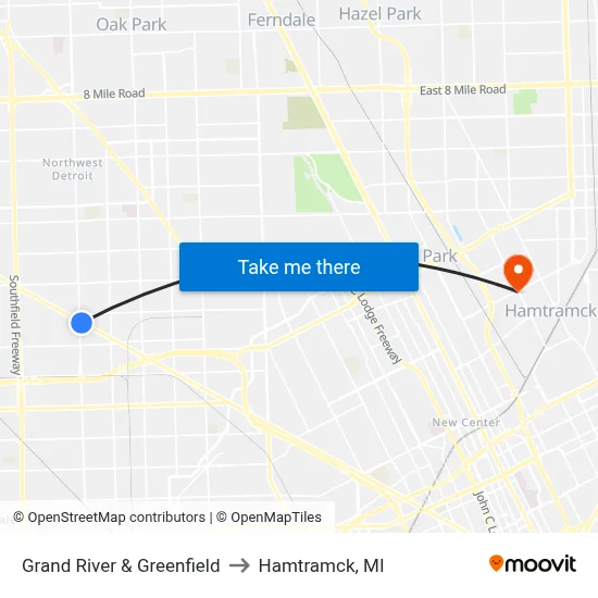 Grand River & Greenfield to Hamtramck, MI map