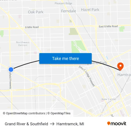 Grand River & Southfield to Hamtramck, MI map