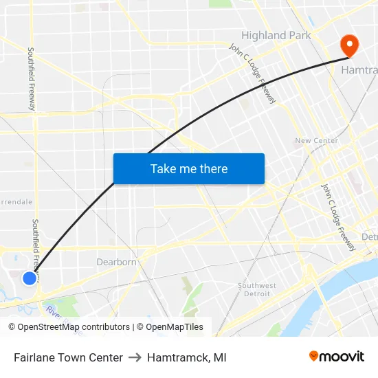 Fairlane Town Center to Hamtramck, MI map