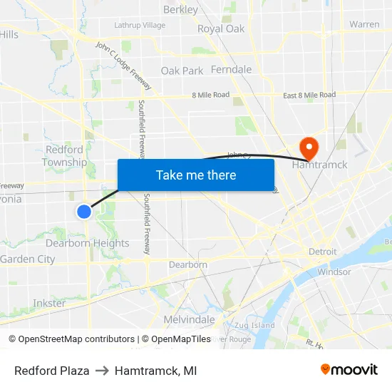 Redford Plaza to Hamtramck, MI map