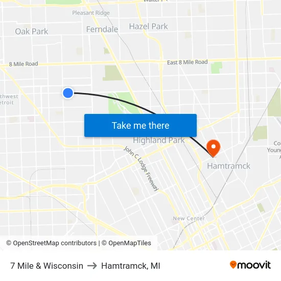 7 Mile & Wisconsin to Hamtramck, MI map