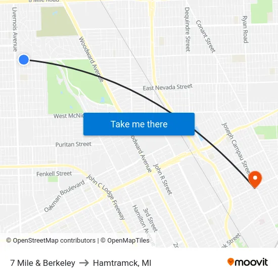 7 Mile & Berkeley to Hamtramck, MI map