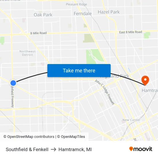 Southfield & Fenkell to Hamtramck, MI map