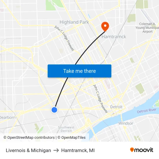 Livernois & Michigan to Hamtramck, MI map
