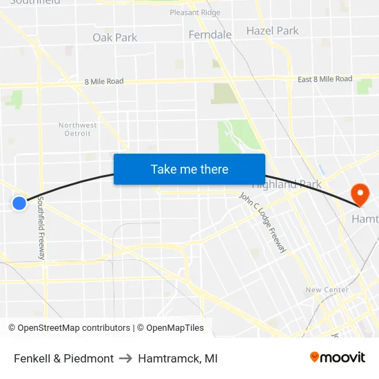 Fenkell & Piedmont to Hamtramck, MI map