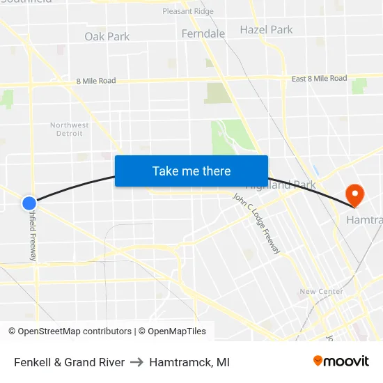 Fenkell & Grand River to Hamtramck, MI map