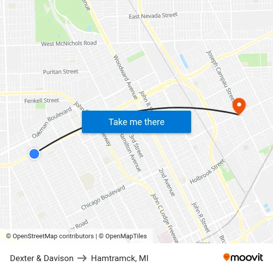 Dexter & Davison to Hamtramck, MI map