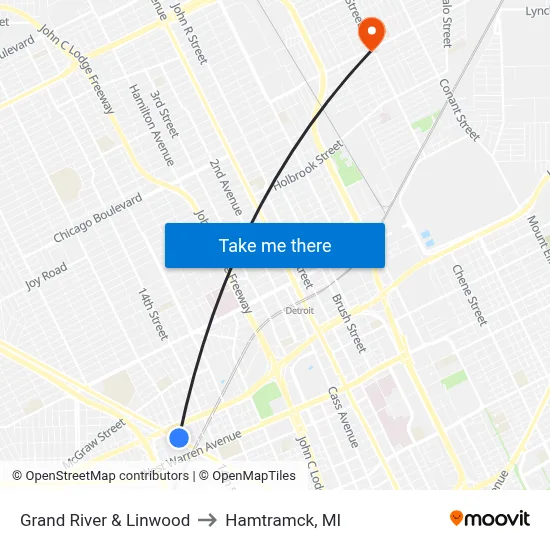 Grand River & Linwood to Hamtramck, MI map