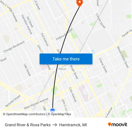 Grand River & Rosa Parks to Hamtramck, MI map