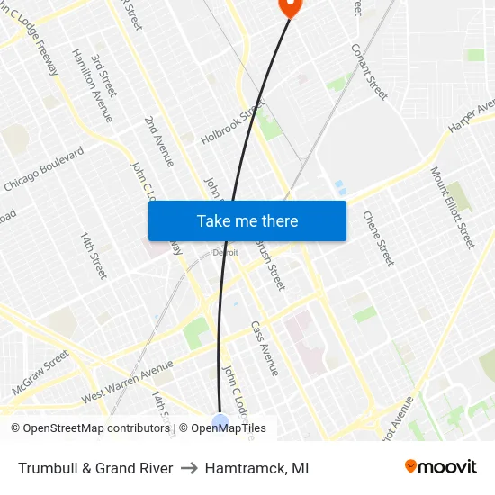 Trumbull & Grand River to Hamtramck, MI map
