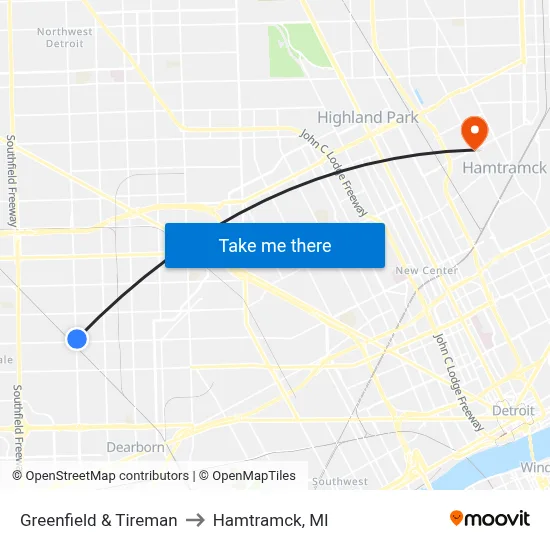 Greenfield & Tireman to Hamtramck, MI map