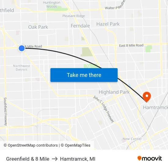 Greenfield & 8 Mile to Hamtramck, MI map