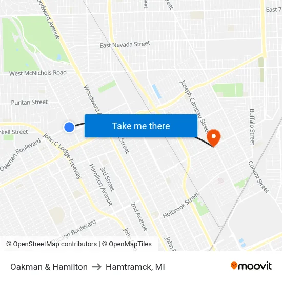 Oakman & Hamilton to Hamtramck, MI map