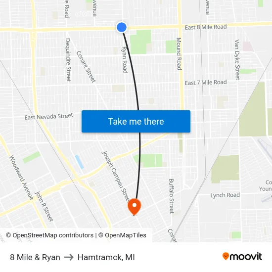 8 Mile & Ryan to Hamtramck, MI map