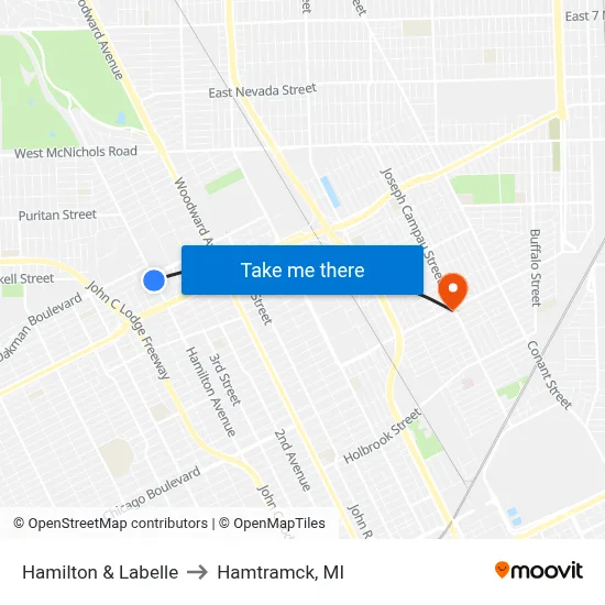 Hamilton & Labelle to Hamtramck, MI map