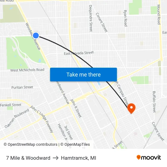 7 Mile & Woodward to Hamtramck, MI map