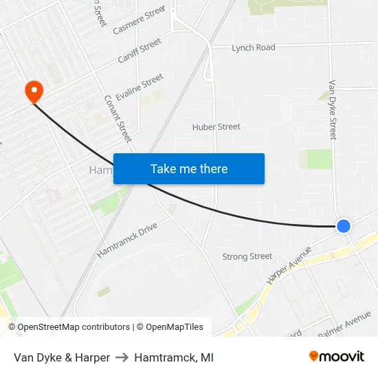 Van Dyke & Harper to Hamtramck, MI map
