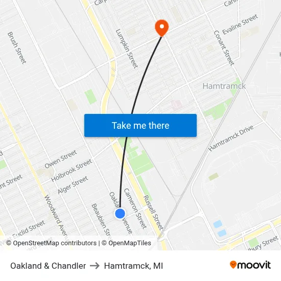 Oakland & Chandler to Hamtramck, MI map