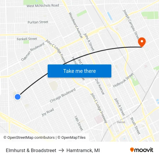 Elmhurst & Broadstreet to Hamtramck, MI map