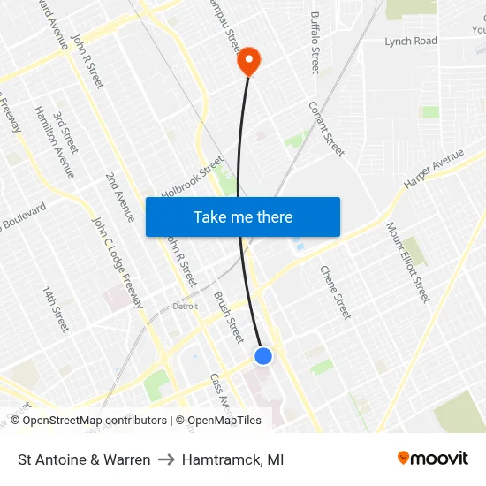St Antoine & Warren to Hamtramck, MI map