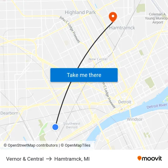 Vernor & Central to Hamtramck, MI map