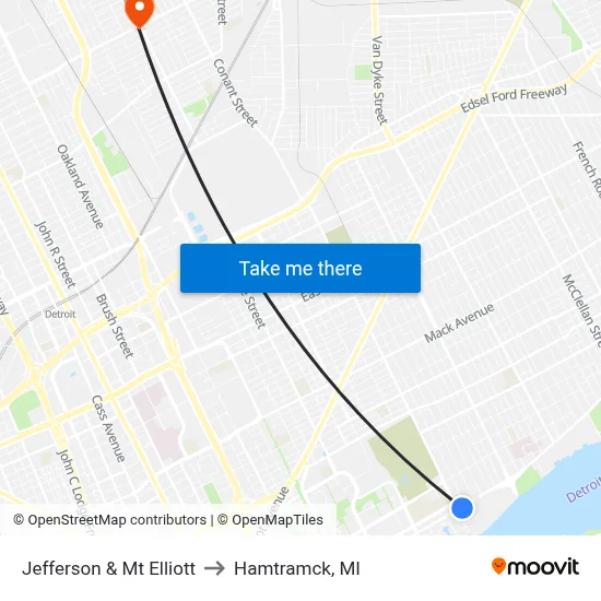 Jefferson & Mt Elliott to Hamtramck, MI map