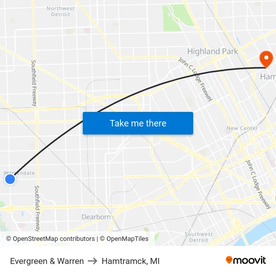 Evergreen & Warren to Hamtramck, MI map