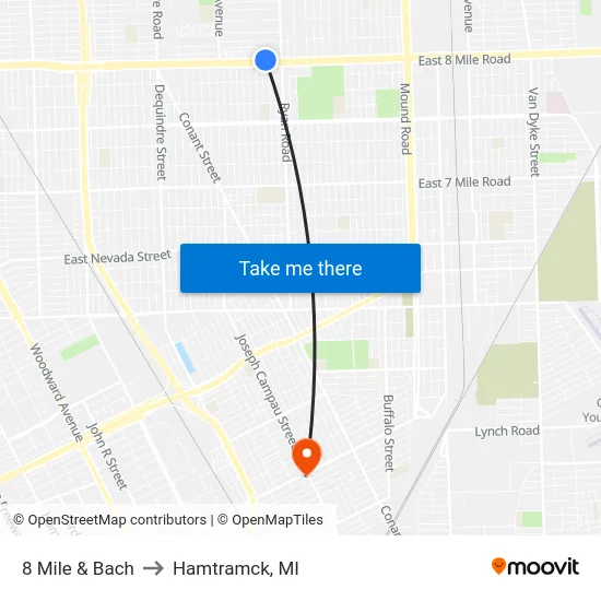 8 Mile & Bach to Hamtramck, MI map