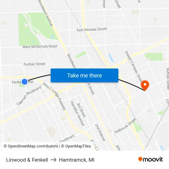 Linwood & Fenkell to Hamtramck, MI map