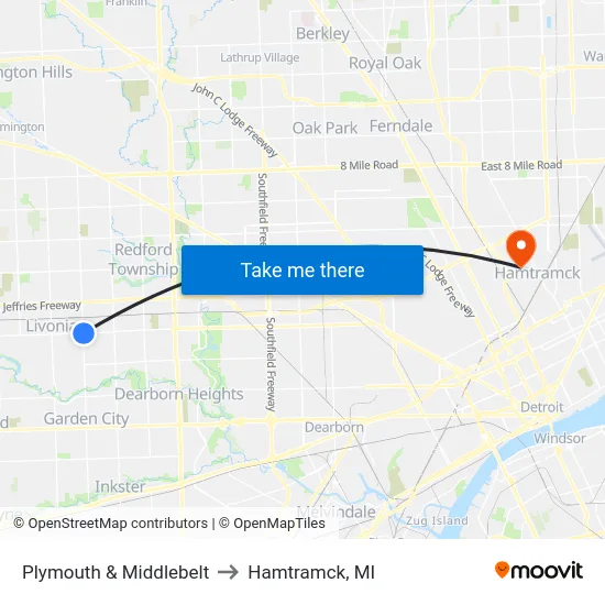 Plymouth & Middlebelt to Hamtramck, MI map