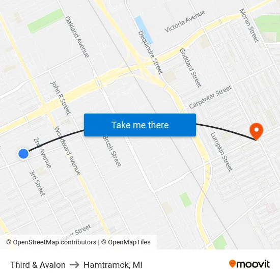 Third & Avalon to Hamtramck, MI map