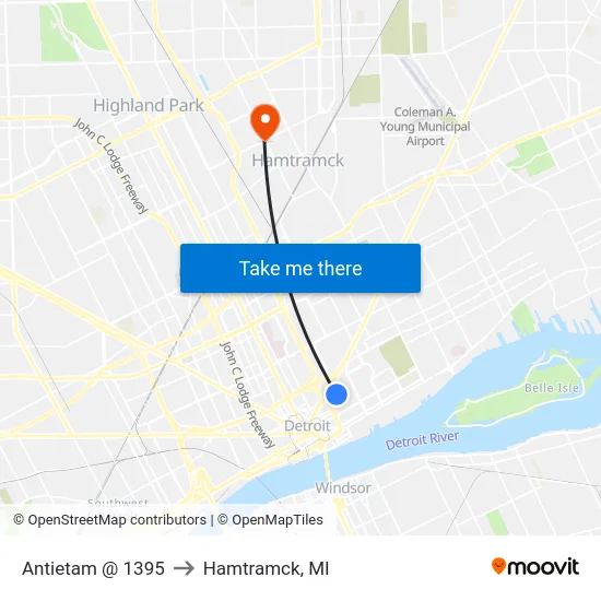 Antietam @ 1395 to Hamtramck, MI map