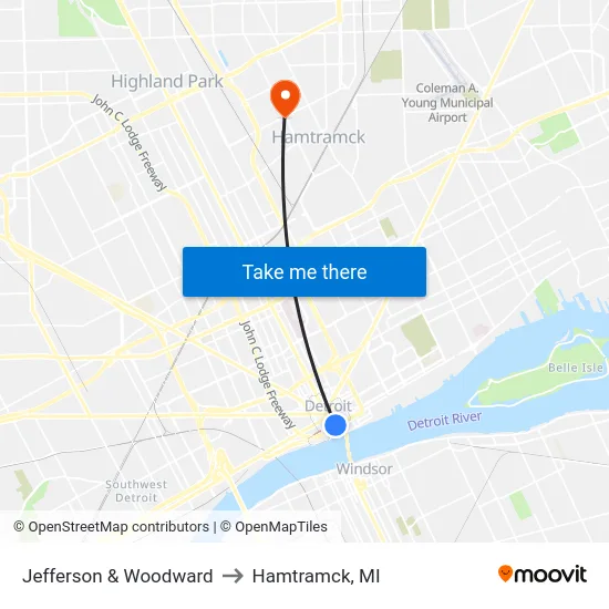 Jefferson & Woodward to Hamtramck, MI map