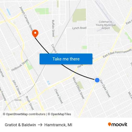 Gratiot & Baldwin to Hamtramck, MI map