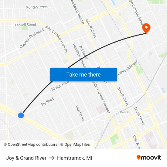 Joy & Grand River to Hamtramck, MI map