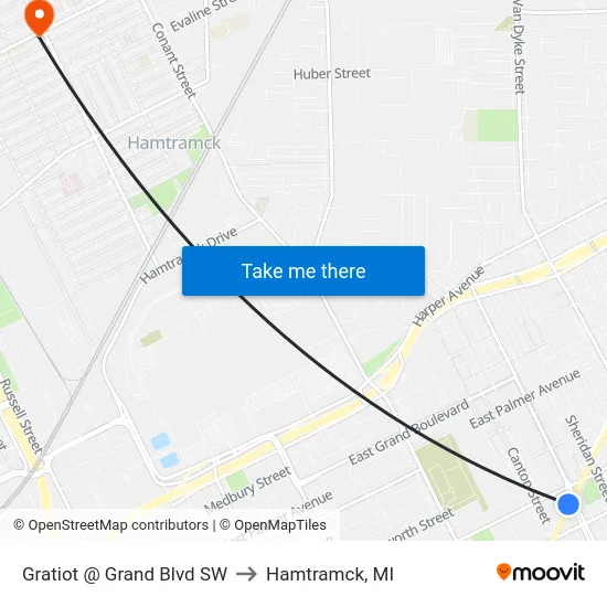 Gratiot @ Grand Blvd SW to Hamtramck, MI map