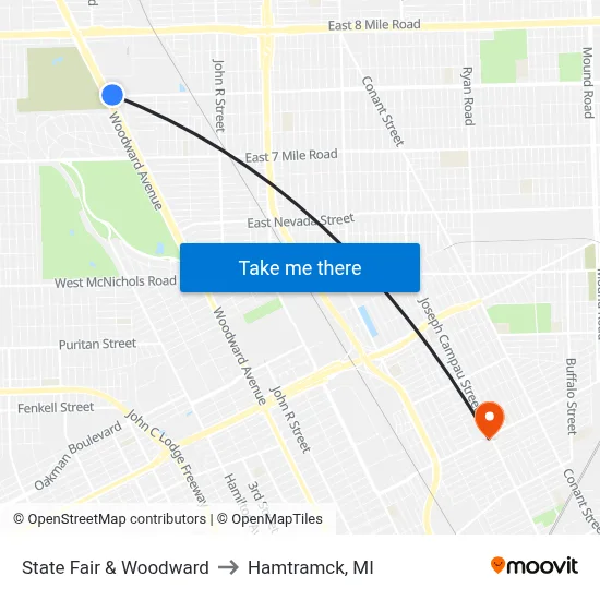 State Fair & Woodward to Hamtramck, MI map